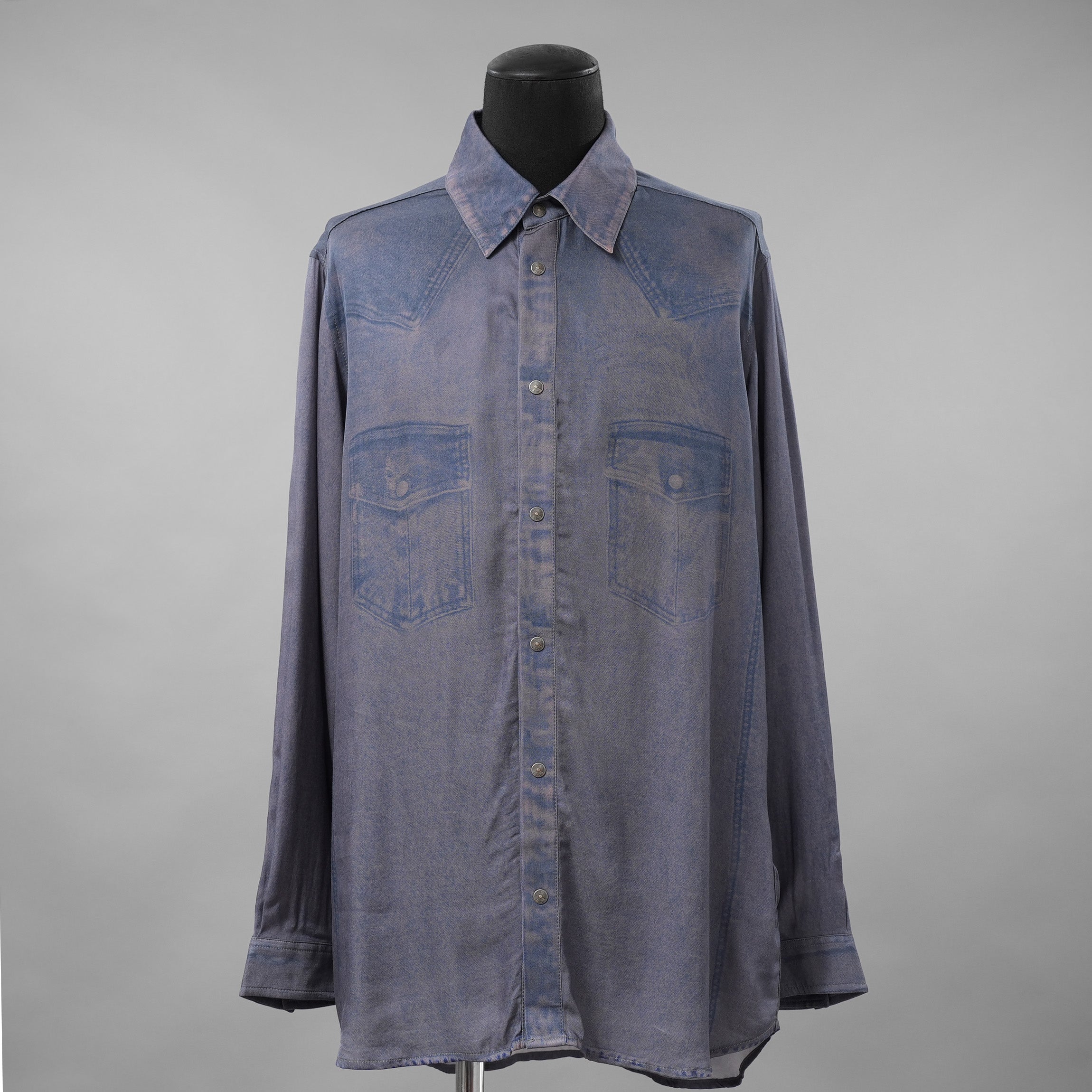 DIESEL ディーゼル / 美品 23AW S-DRINN デニムプリント加工 サテン 長袖シャツ / size 50 (BLUE)