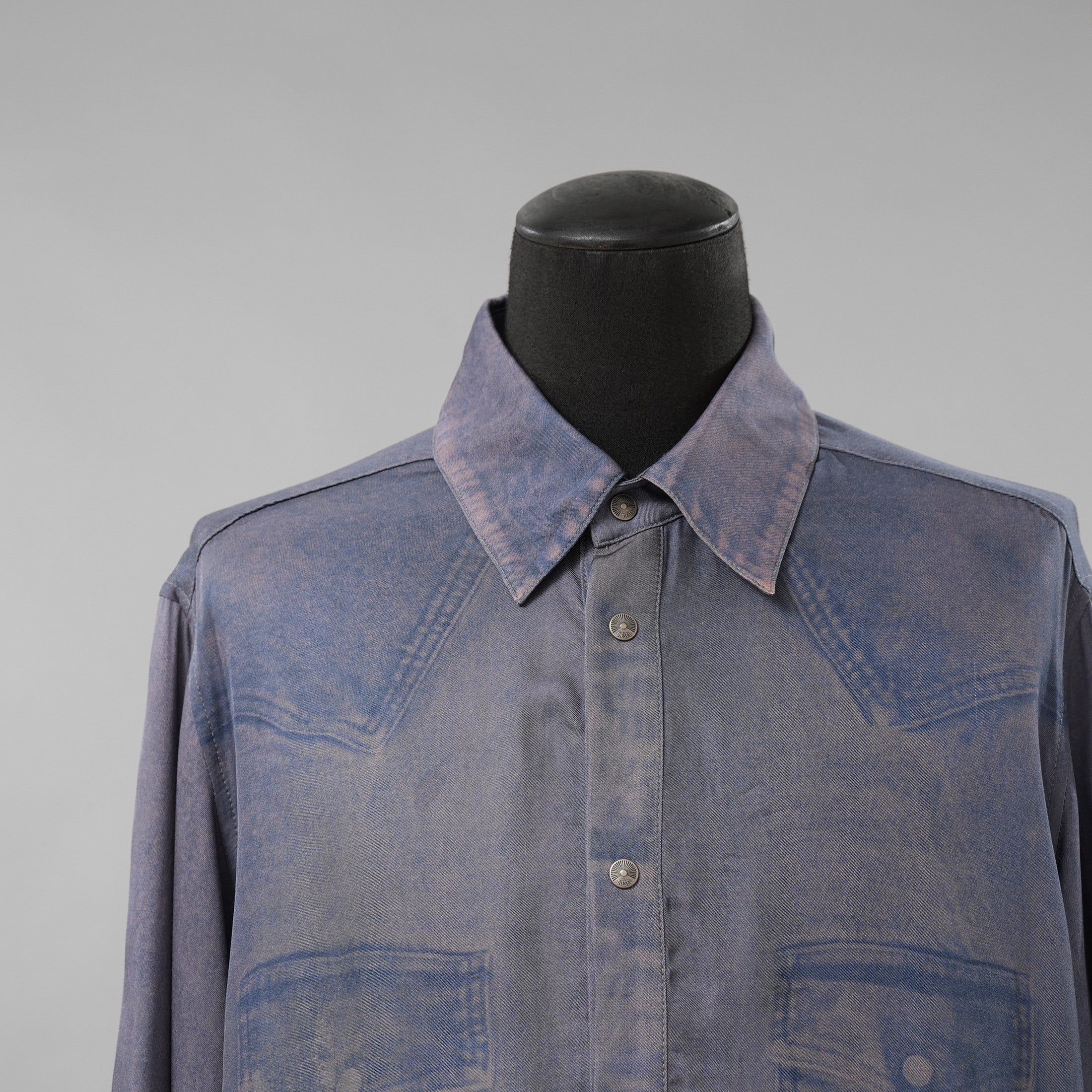 DIESEL ディーゼル / 美品 23AW S-DRINN デニムプリント加工 サテン 長袖シャツ / size 50 (BLUE)