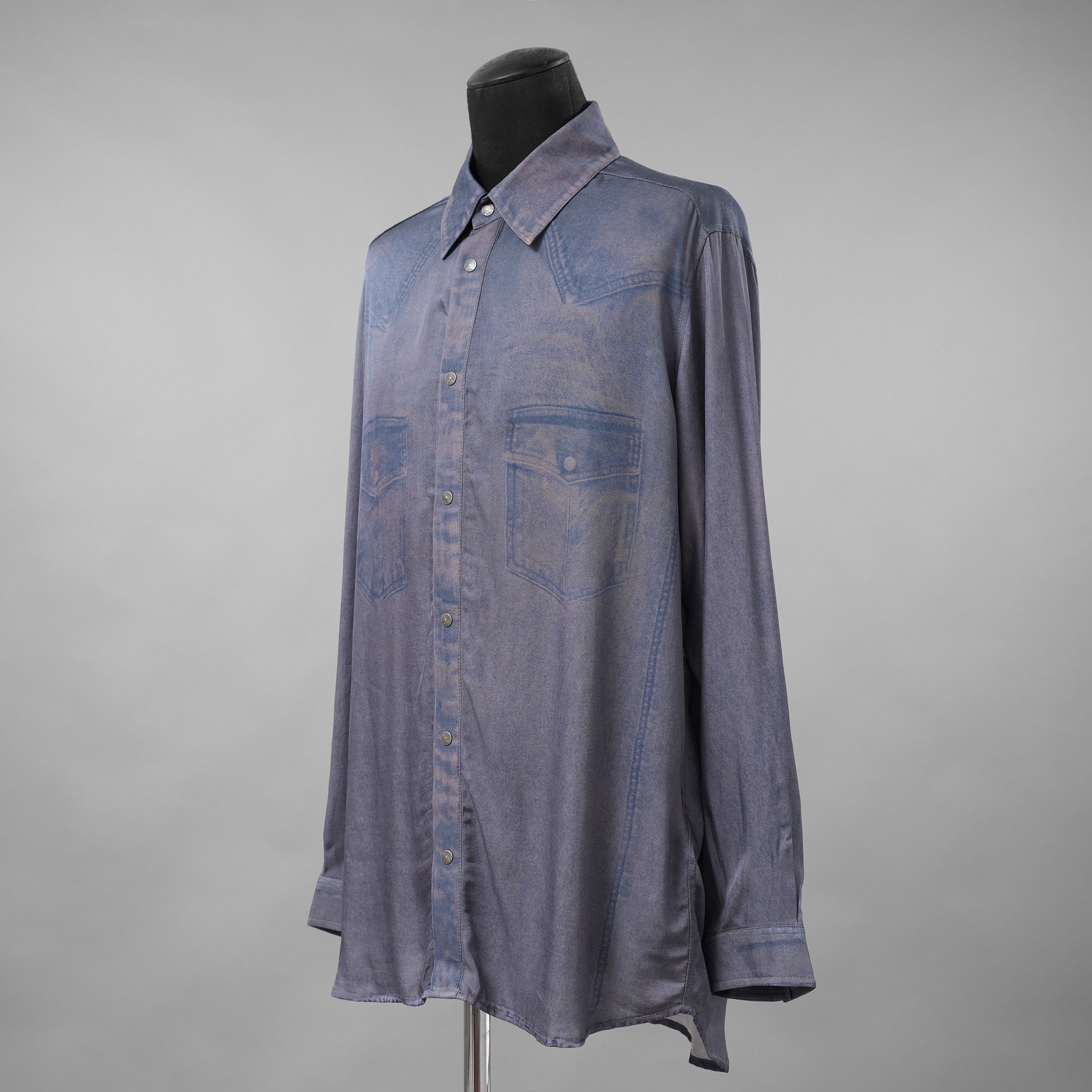 DIESEL ディーゼル / 美品 23AW S-DRINN デニムプリント加工 サテン 長袖シャツ / size 50 (BLUE)