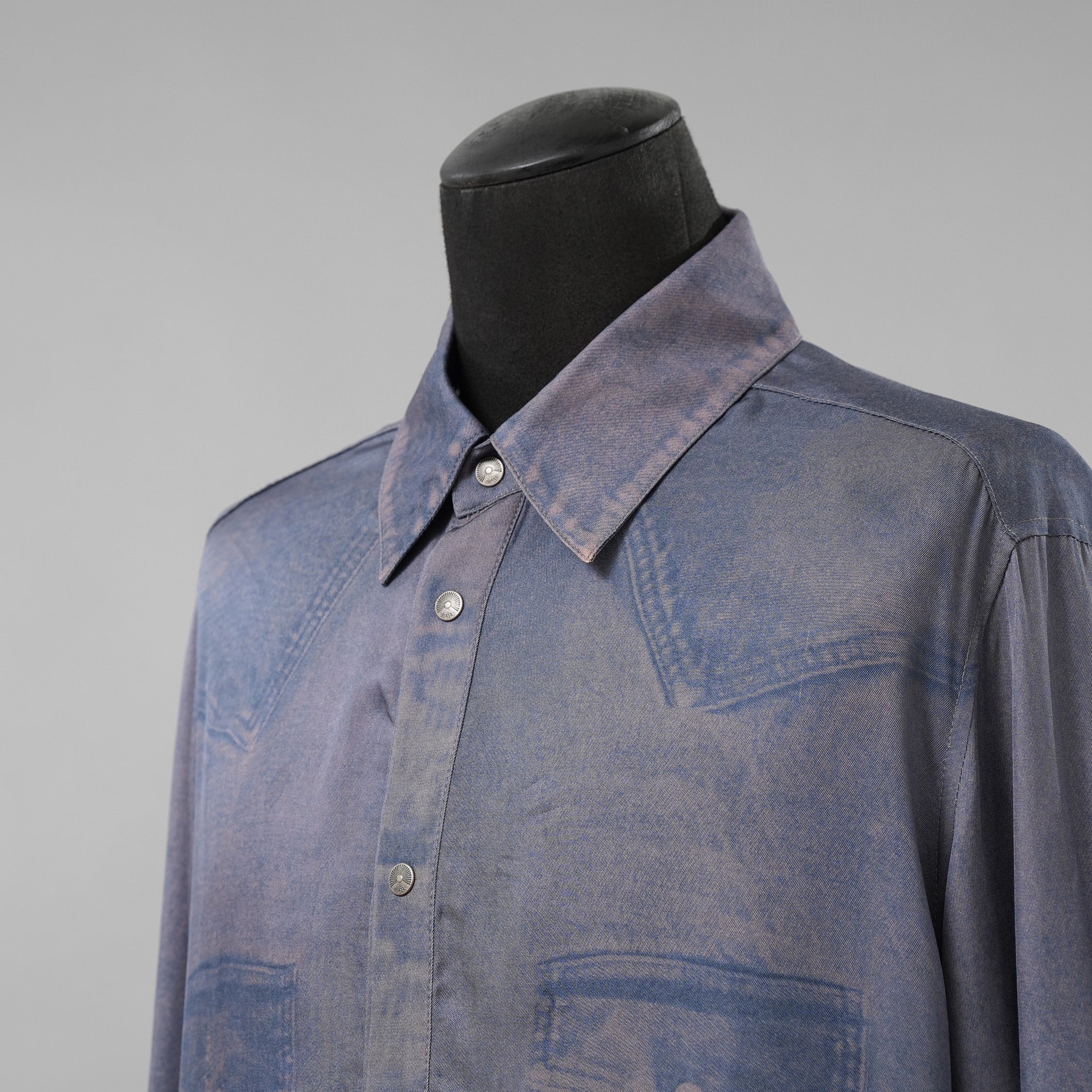 DIESEL ディーゼル / 美品 23AW S-DRINN デニムプリント加工 サテン 長袖シャツ / size 50 (BLUE)