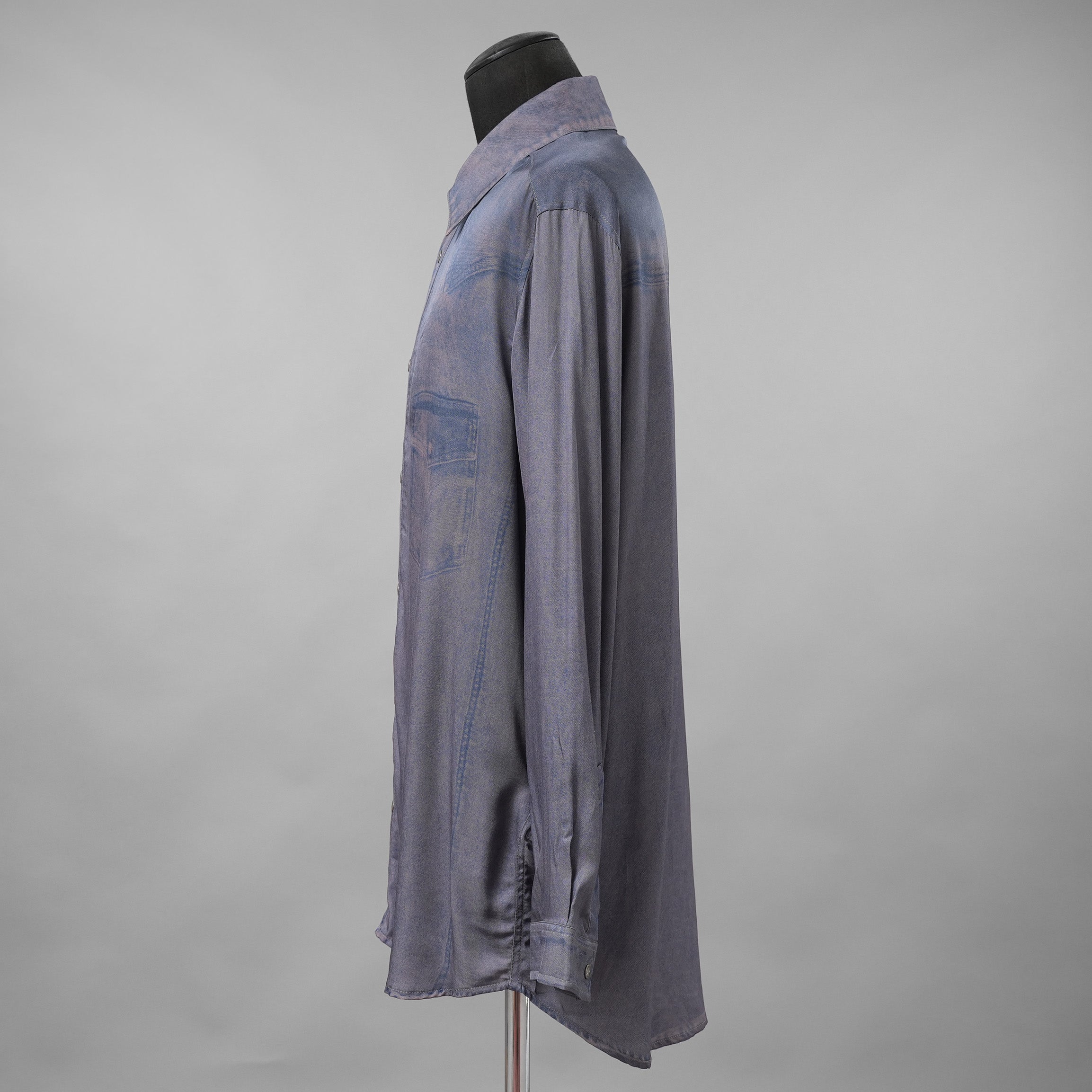 DIESEL ディーゼル / 美品 23AW S-DRINN デニムプリント加工 サテン 長袖シャツ / size 50 (BLUE)