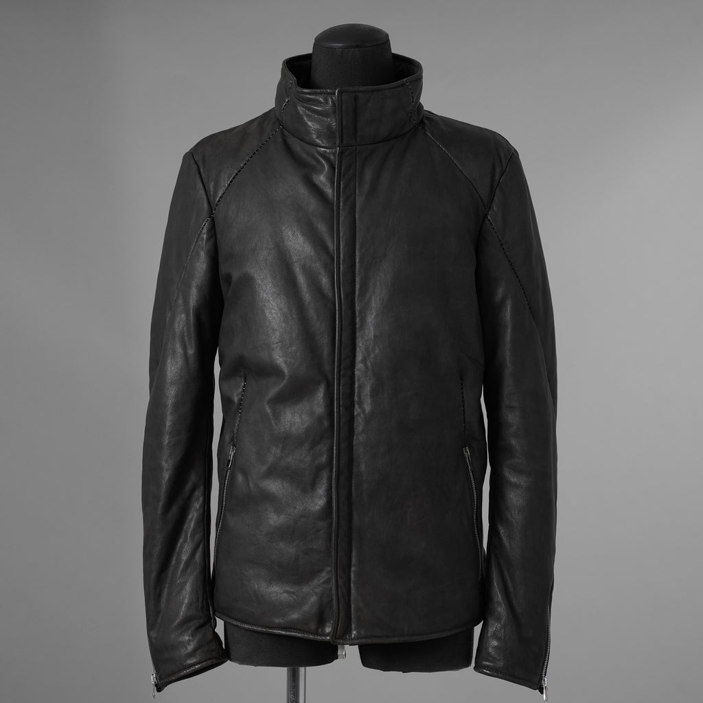 希少 incarnation インカネーション / 20AW 美品 Sheep Object Dyed / Hi Neck "LINED" Spiral Arm Leather Moto Down Jacket  シープレザー オーバーロック ダウン ジャケット / size S (BLACK) 123071-alm