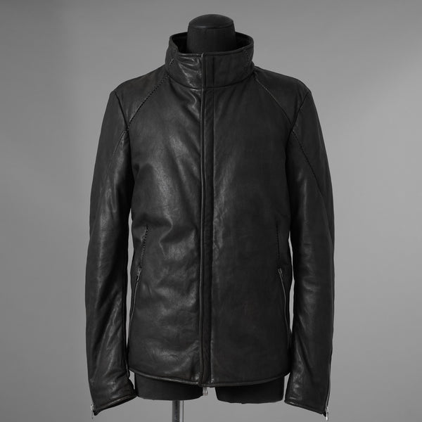 希少 incarnation インカネーション / 20AW 美品 Sheep Object Dyed / Hi Neck "LINED" Spiral Arm Leather Moto Down Jacket  シープレザー オーバーロック ダウン ジャケット / size S (BLACK) 123071-alm