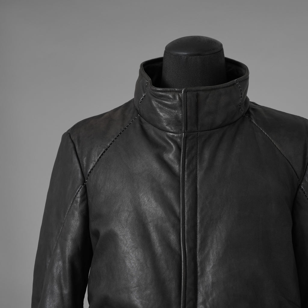 希少 incarnation インカネーション / 20AW 美品 Sheep Object Dyed / Hi Neck "LINED" Spiral Arm Leather Moto Down Jacket  シープレザー オーバーロック ダウン ジャケット / size S (BLACK) 123071-alm