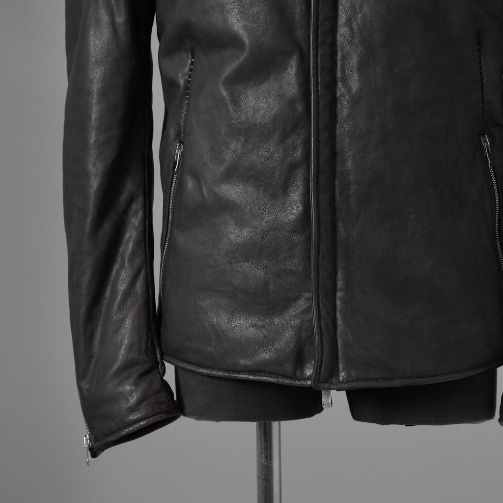 希少 incarnation インカネーション / 20AW 美品 Sheep Object Dyed / Hi Neck "LINED" Spiral Arm Leather Moto Down Jacket  シープレザー オーバーロック ダウン ジャケット / size S (BLACK) 123071-alm