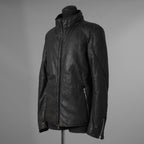 希少 incarnation インカネーション / 20AW 美品 Sheep Object Dyed / Hi Neck "LINED" Spiral Arm Leather Moto Down Jacket  シープレザー オーバーロック ダウン ジャケット / size S (BLACK) 123071-alm