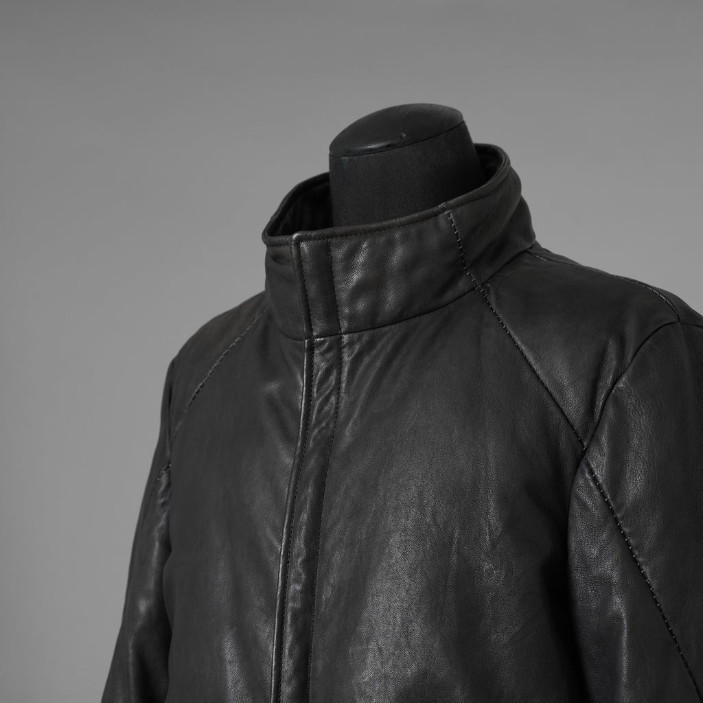 希少 incarnation インカネーション / 20AW 美品 Sheep Object Dyed / Hi Neck "LINED" Spiral Arm Leather Moto Down Jacket  シープレザー オーバーロック ダウン ジャケット / size S (BLACK) 123071-alm