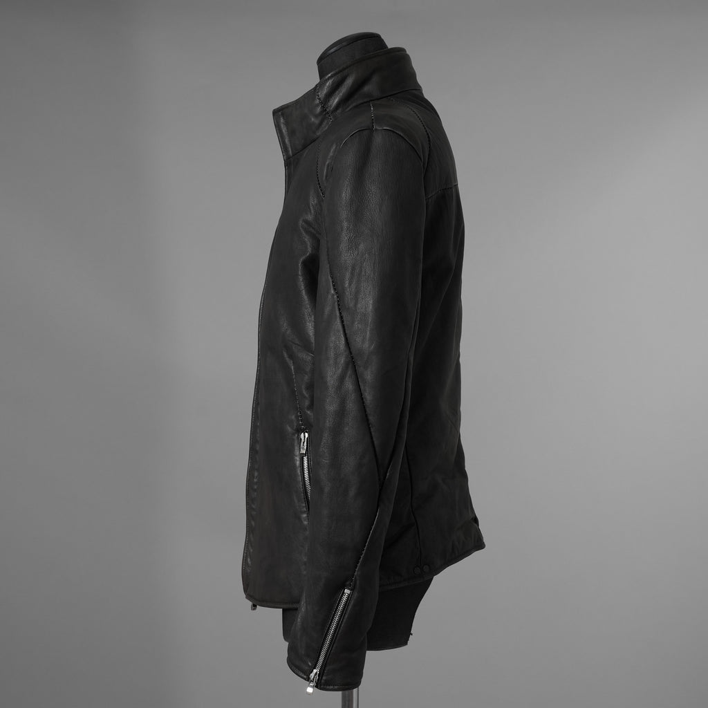 希少 incarnation インカネーション / 20AW 美品 Sheep Object Dyed / Hi Neck "LINED" Spiral Arm Leather Moto Down Jacket  シープレザー オーバーロック ダウン ジャケット / size S (BLACK) 123071-alm