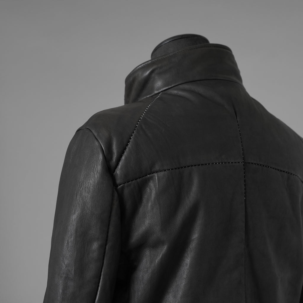 希少 incarnation インカネーション / 20AW 美品 Sheep Object Dyed / Hi Neck "LINED" Spiral Arm Leather Moto Down Jacket  シープレザー オーバーロック ダウン ジャケット / size S (BLACK) 123071-alm