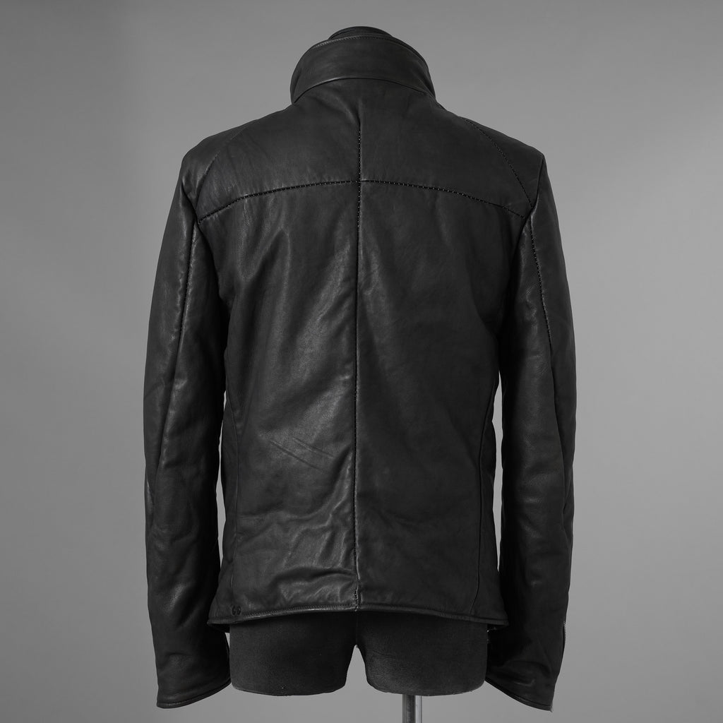 希少 incarnation インカネーション / 20AW 美品 Sheep Object Dyed / Hi Neck "LINED" Spiral Arm Leather Moto Down Jacket  シープレザー オーバーロック ダウン ジャケット / size S (BLACK) 123071-alm