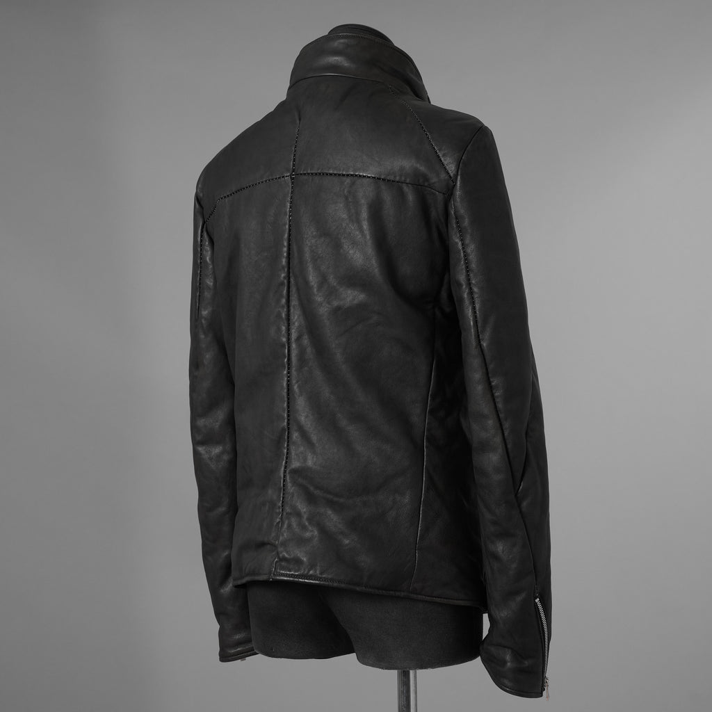 希少 incarnation インカネーション / 20AW 美品 Sheep Object Dyed / Hi Neck "LINED" Spiral Arm Leather Moto Down Jacket  シープレザー オーバーロック ダウン ジャケット / size S (BLACK) 123071-alm