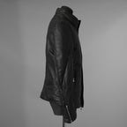 希少 incarnation インカネーション / 20AW 美品 Sheep Object Dyed / Hi Neck "LINED" Spiral Arm Leather Moto Down Jacket  シープレザー オーバーロック ダウン ジャケット / size S (BLACK) 123071-alm