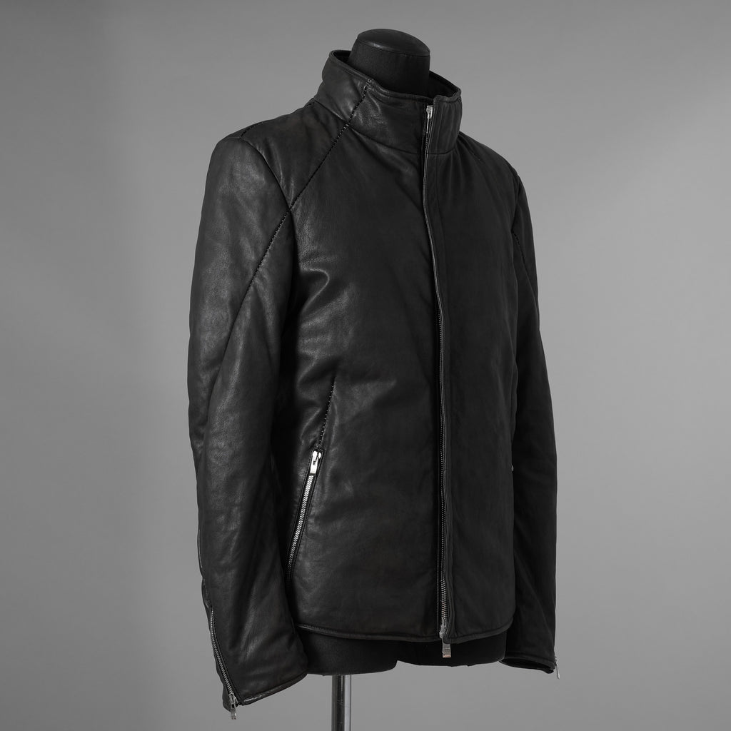 希少 incarnation インカネーション / 20AW 美品 Sheep Object Dyed / Hi Neck "LINED" Spiral Arm Leather Moto Down Jacket  シープレザー オーバーロック ダウン ジャケット / size S (BLACK) 123071-alm