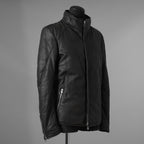 希少 incarnation インカネーション / 20AW 美品 Sheep Object Dyed / Hi Neck "LINED" Spiral Arm Leather Moto Down Jacket  シープレザー オーバーロック ダウン ジャケット / size S (BLACK) 123071-alm