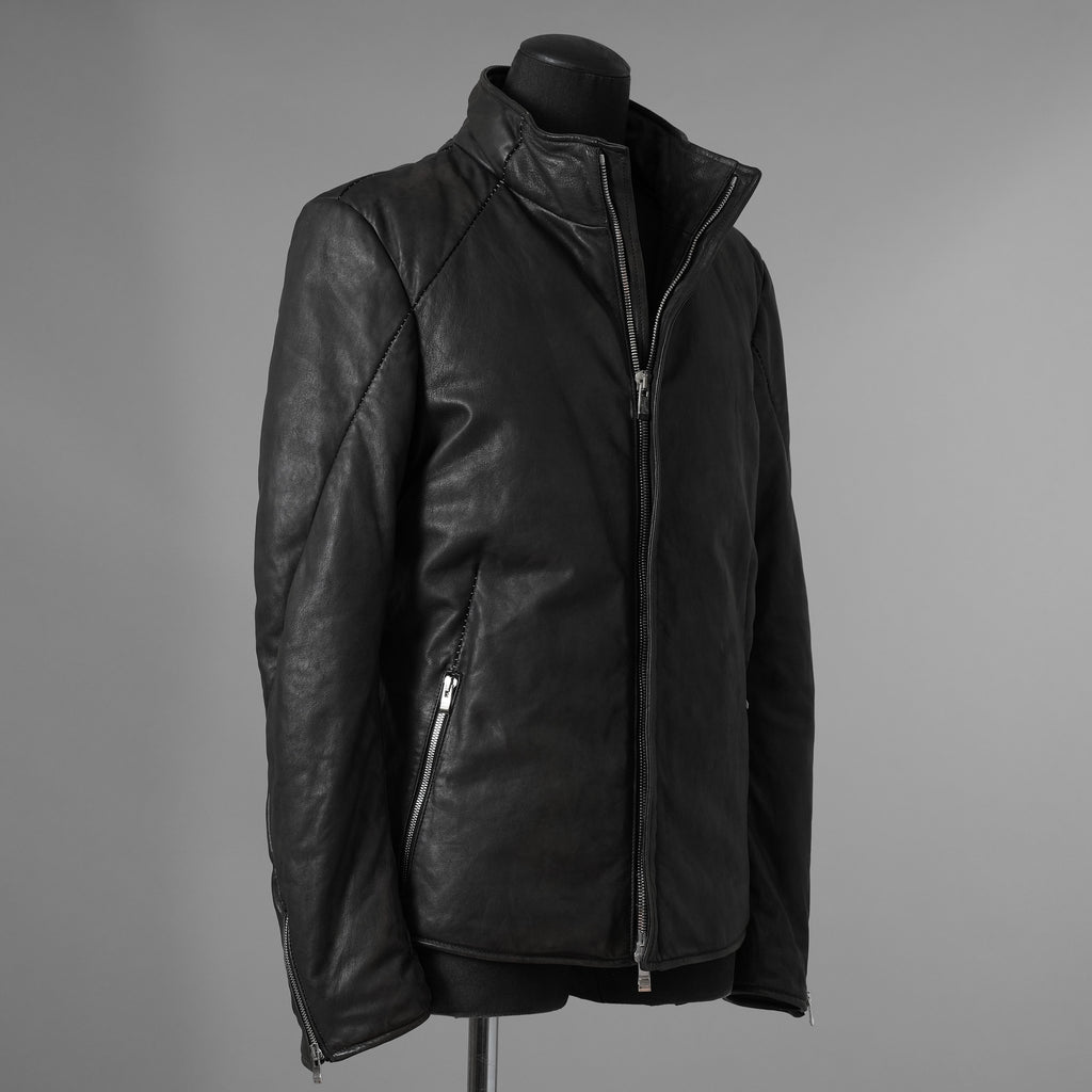 希少 incarnation インカネーション / 20AW 美品 Sheep Object Dyed / Hi Neck "LINED" Spiral Arm Leather Moto Down Jacket  シープレザー オーバーロック ダウン ジャケット / size S (BLACK) 123071-alm