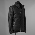 希少 incarnation インカネーション / 20AW 美品 Sheep Object Dyed / Hi Neck "LINED" Spiral Arm Leather Moto Down Jacket  シープレザー オーバーロック ダウン ジャケット / size S (BLACK) 123071-alm