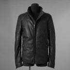 希少 incarnation インカネーション / 20AW 美品 Sheep Object Dyed / Hi Neck "LINED" Spiral Arm Leather Moto Down Jacket  シープレザー オーバーロック ダウン ジャケット / size S (BLACK) 123071-alm