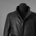希少 incarnation インカネーション / 20AW 美品 Sheep Object Dyed / Hi Neck "LINED" Spiral Arm Leather Moto Down Jacket  シープレザー オーバーロック ダウン ジャケット / size S (BLACK) 123071-alm
