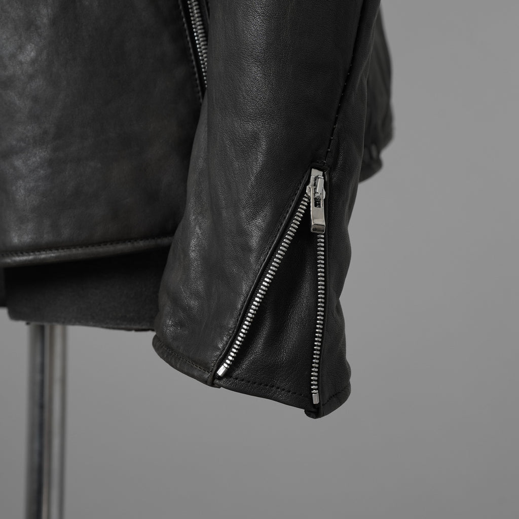 希少 incarnation インカネーション / 20AW 美品 Sheep Object Dyed / Hi Neck "LINED" Spiral Arm Leather Moto Down Jacket  シープレザー オーバーロック ダウン ジャケット / size S (BLACK) 123071-alm