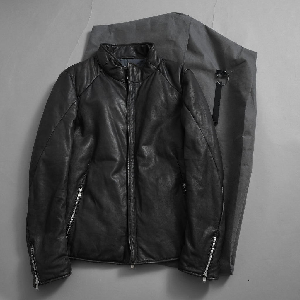 希少 incarnation インカネーション / 20AW 美品 Sheep Object Dyed / Hi Neck "LINED" Spiral Arm Leather Moto Down Jacket  シープレザー オーバーロック ダウン ジャケット / size S (BLACK) 123071-alm