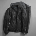 希少 incarnation インカネーション / 20AW 美品 Sheep Object Dyed / Hi Neck "LINED" Spiral Arm Leather Moto Down Jacket  シープレザー オーバーロック ダウン ジャケット / size S (BLACK) 123071-alm
