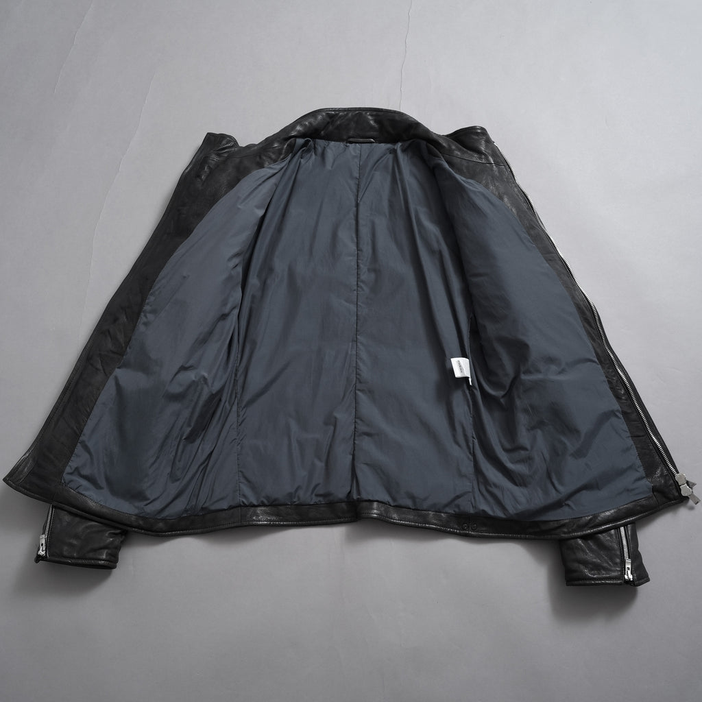 希少 incarnation インカネーション / 20AW 美品 Sheep Object Dyed / Hi Neck "LINED" Spiral Arm Leather Moto Down Jacket  シープレザー オーバーロック ダウン ジャケット / size S (BLACK) 123071-alm