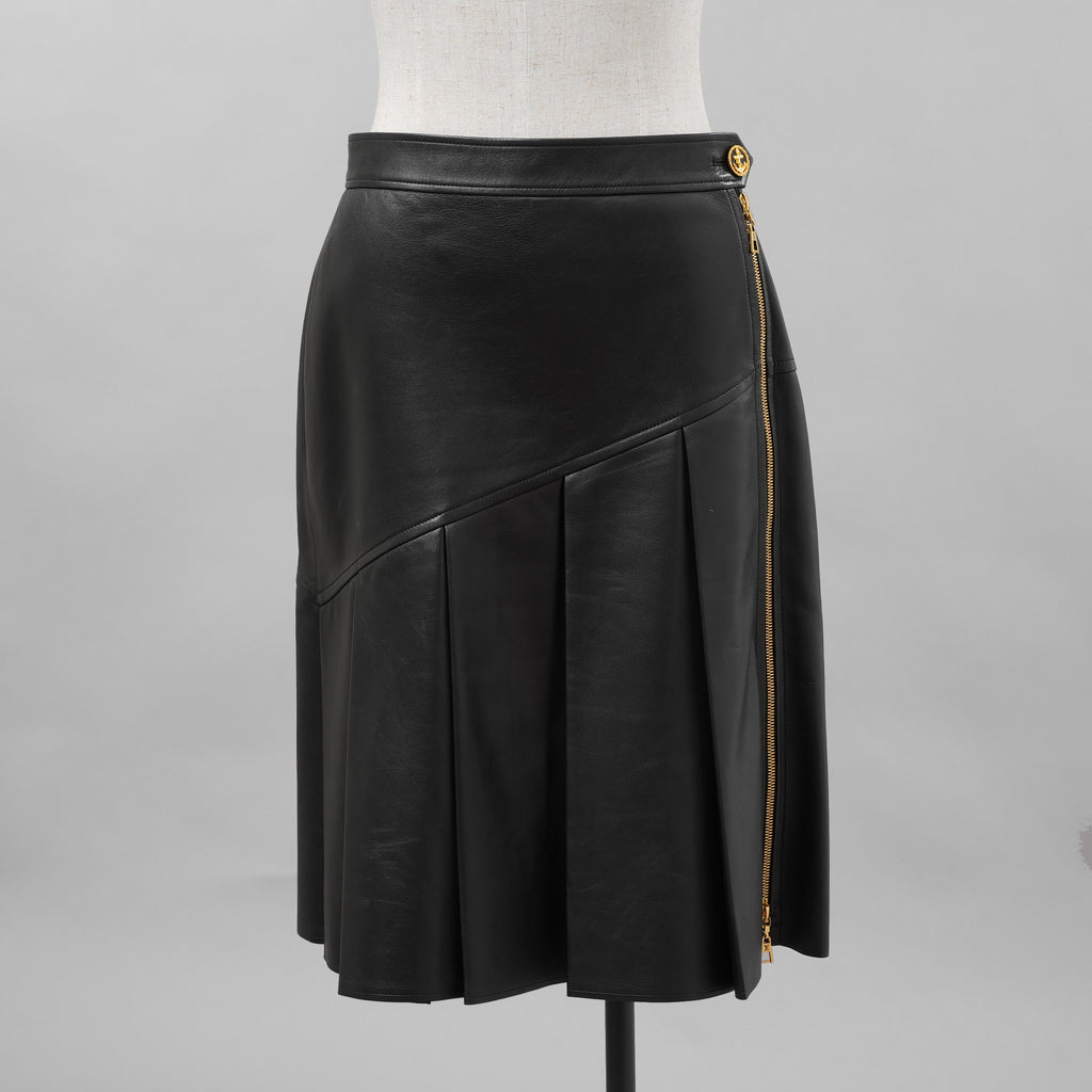 希少 LOUIS VUITTON ルイヴィトン / 美品 21AW ラムスキン アシンメトリー レザー プリーツ スカート / 1A91Y5 / size 38 (BLACK) レディース