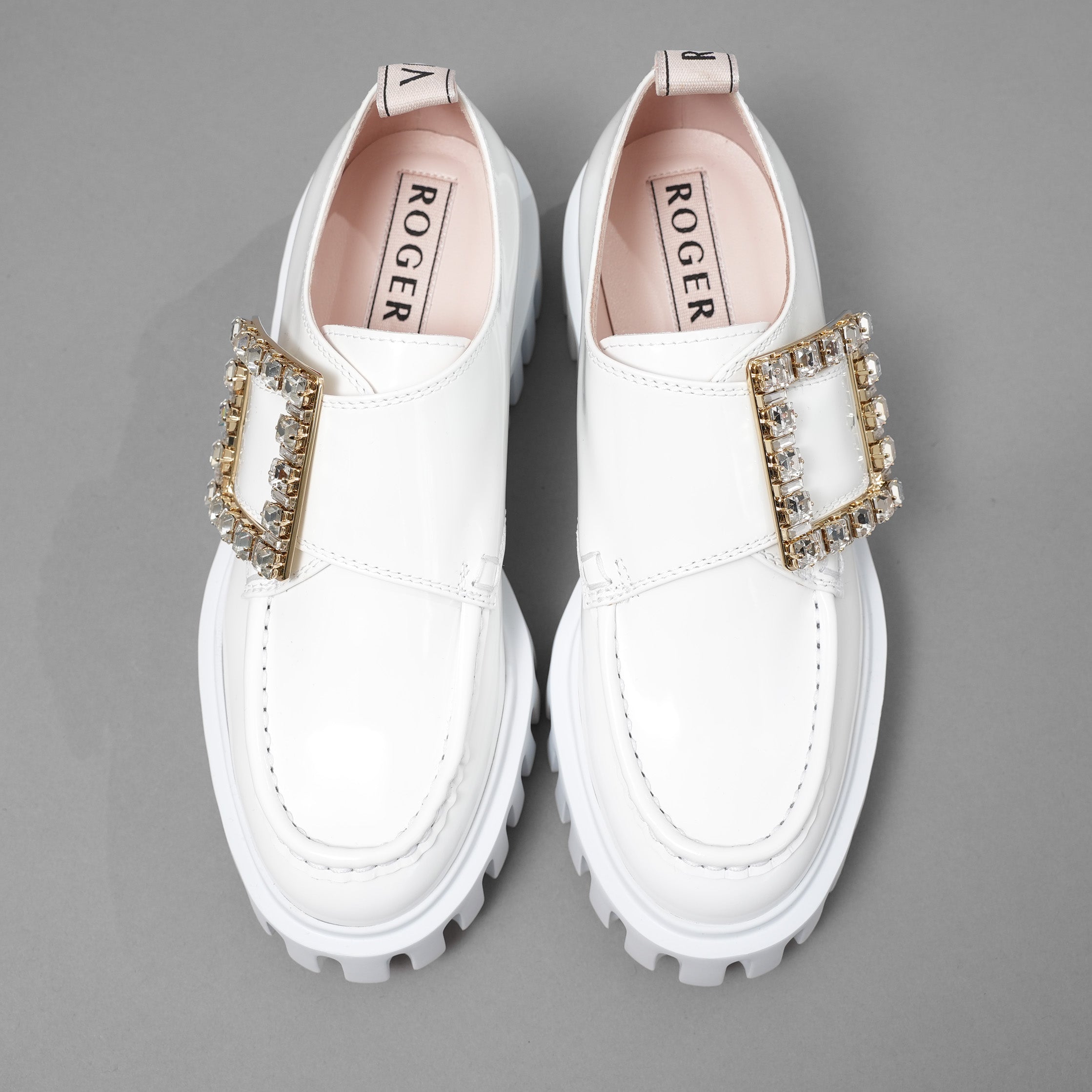 Roger Vivier ロジェ ヴィヴィエ / 美品 22SS Viv' Go-Thick ヴィヴ ゴー シック ストラス バックル パテントレザー ローファー 厚底 シューズ / size 36 (23cm) WHITE レディース