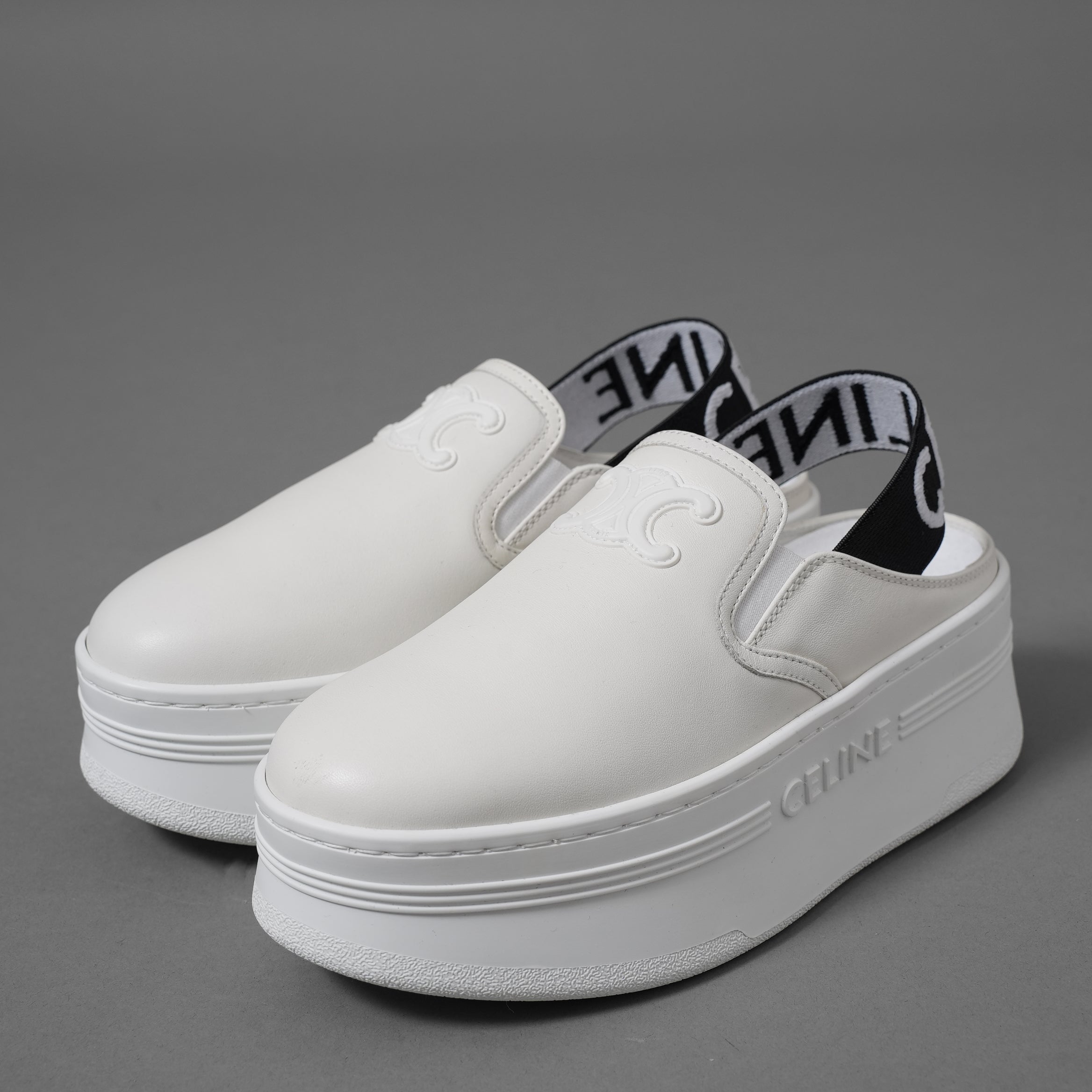 CELINE セリーヌ / 美品 トリオンフ STRAPPED WEDGE MULE W TRION 50 / ブロック ウェッジミュール / size 36 (23cm) WHITE /  厚底 シューズ