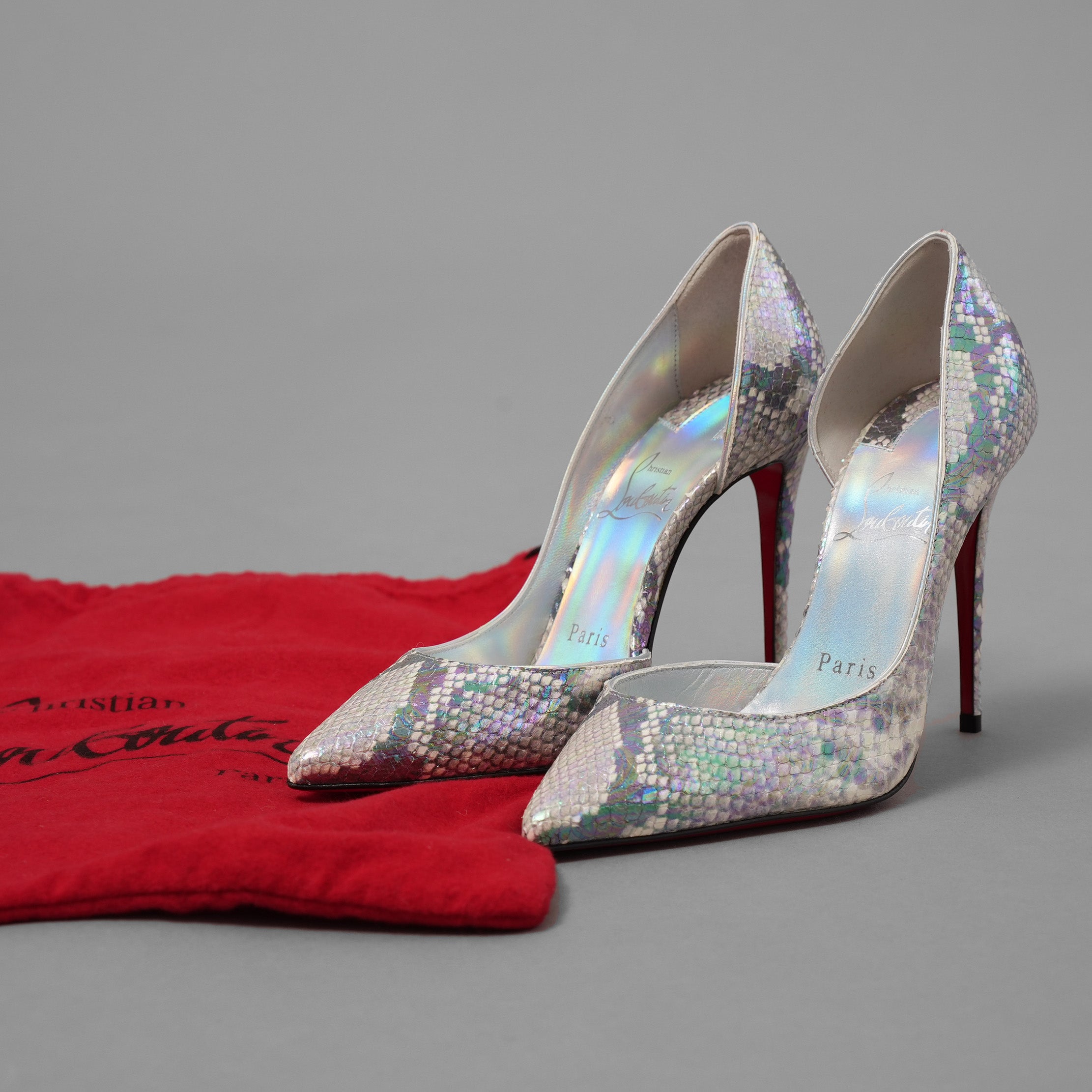 未使用 Christian Louboutin クリスチャン ルブタン / マルチカラー ホログラフィック パイソン レザー イリザ（Iriza）100 パンプス シューズ / size 35 (22cm) SILVER レディース