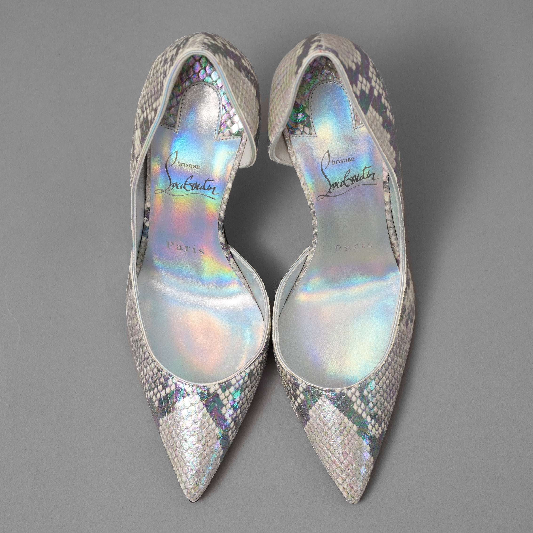 未使用 Christian Louboutin クリスチャン ルブタン / マルチカラー ホログラフィック パイソン レザー イリザ（Iriza）100 パンプス シューズ / size 35 (22cm) SILVER レディース