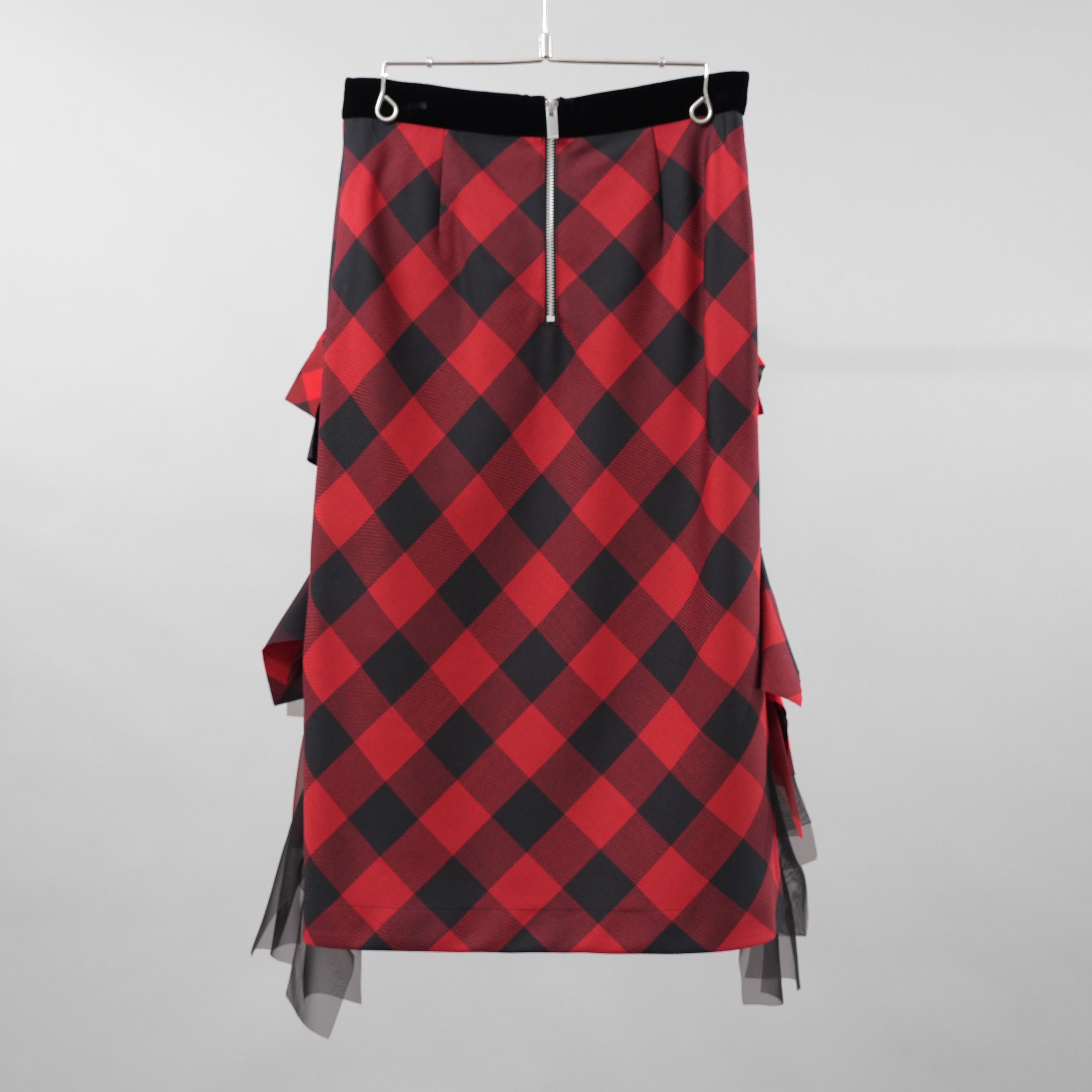 sacai サカイ / 美品 22年SS Buffalo Check Skirt チュールフリル スカート / 22-05939 / size 2 (RED×BLACK）レディース