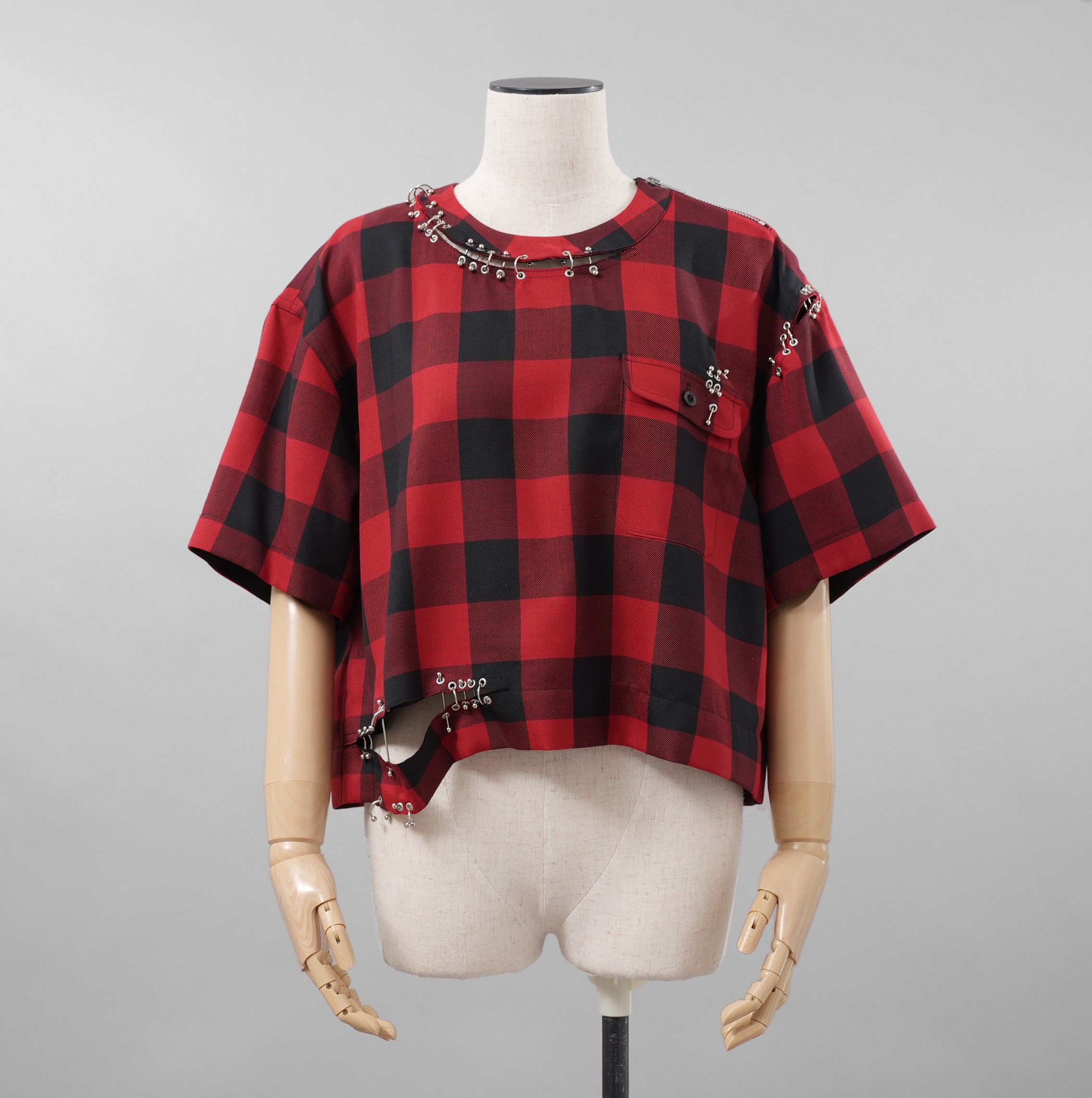 sacai サカイ / 美品 22SS Buffalo Check Pullover 半袖シャツ / 22-05943 / size 3 (RED×BLACK) レディース