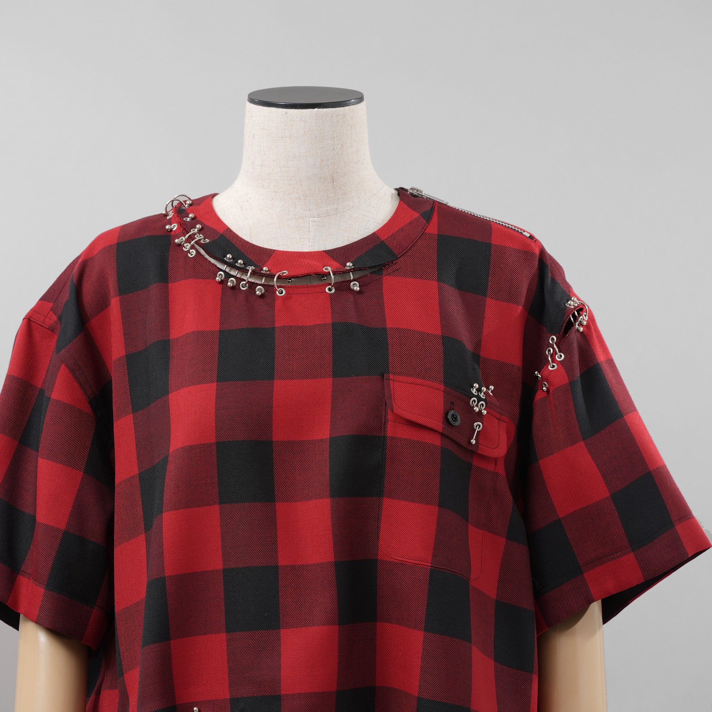 sacai サカイ / 美品 22SS Buffalo Check Pullover 半袖シャツ / 22-05943 / size 3 (RED×BLACK) レディース