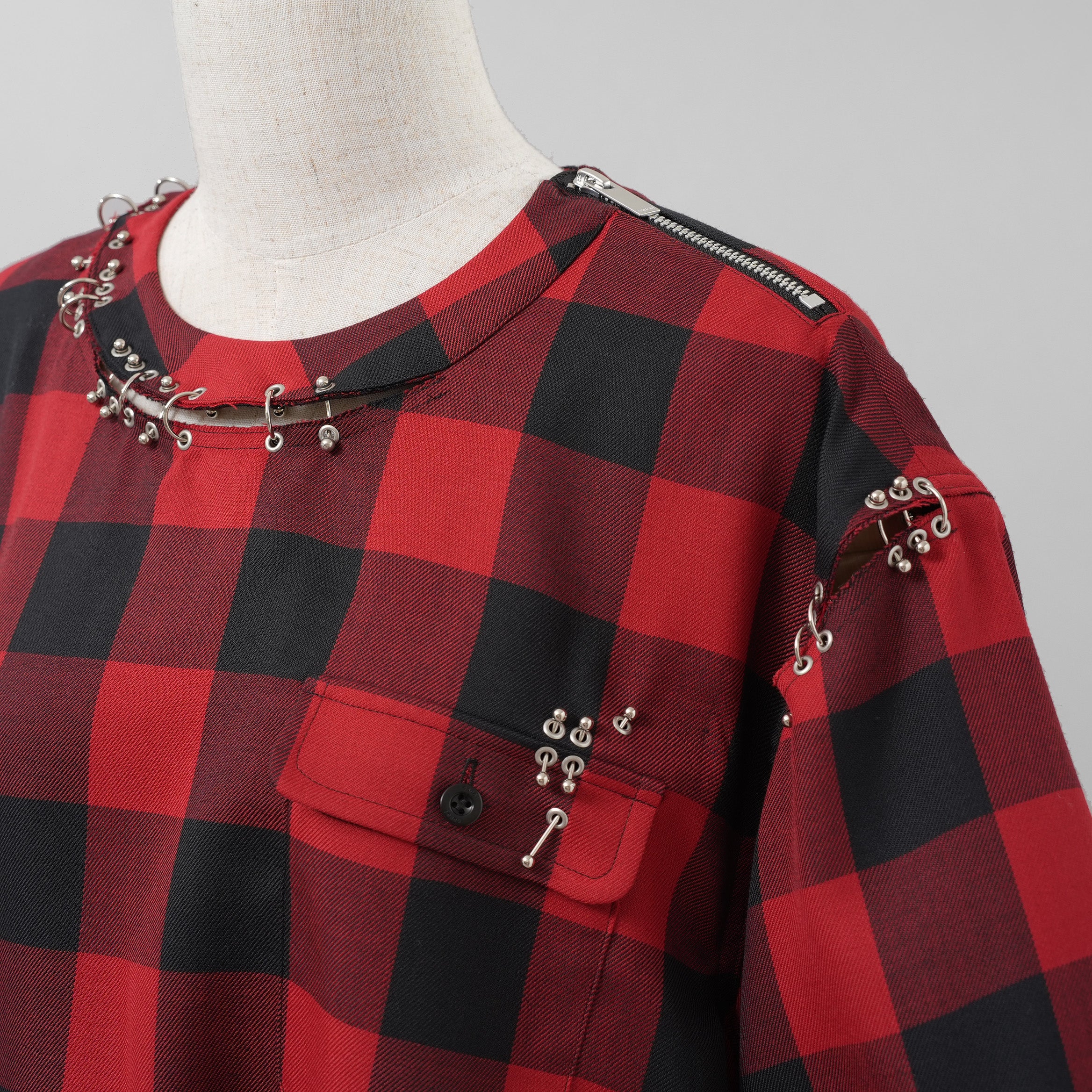 sacai サカイ / 美品 22SS Buffalo Check Pullover 半袖シャツ / 22-05943 / size 3 (RED×BLACK) レディース