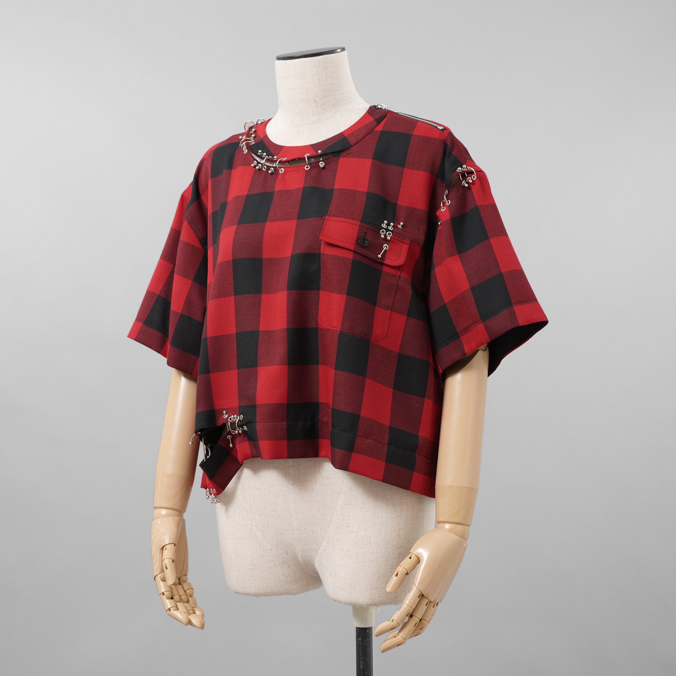 sacai サカイ / 美品 22SS Buffalo Check Pullover 半袖シャツ / 22-05943 / size 3 (RED×BLACK) レディース