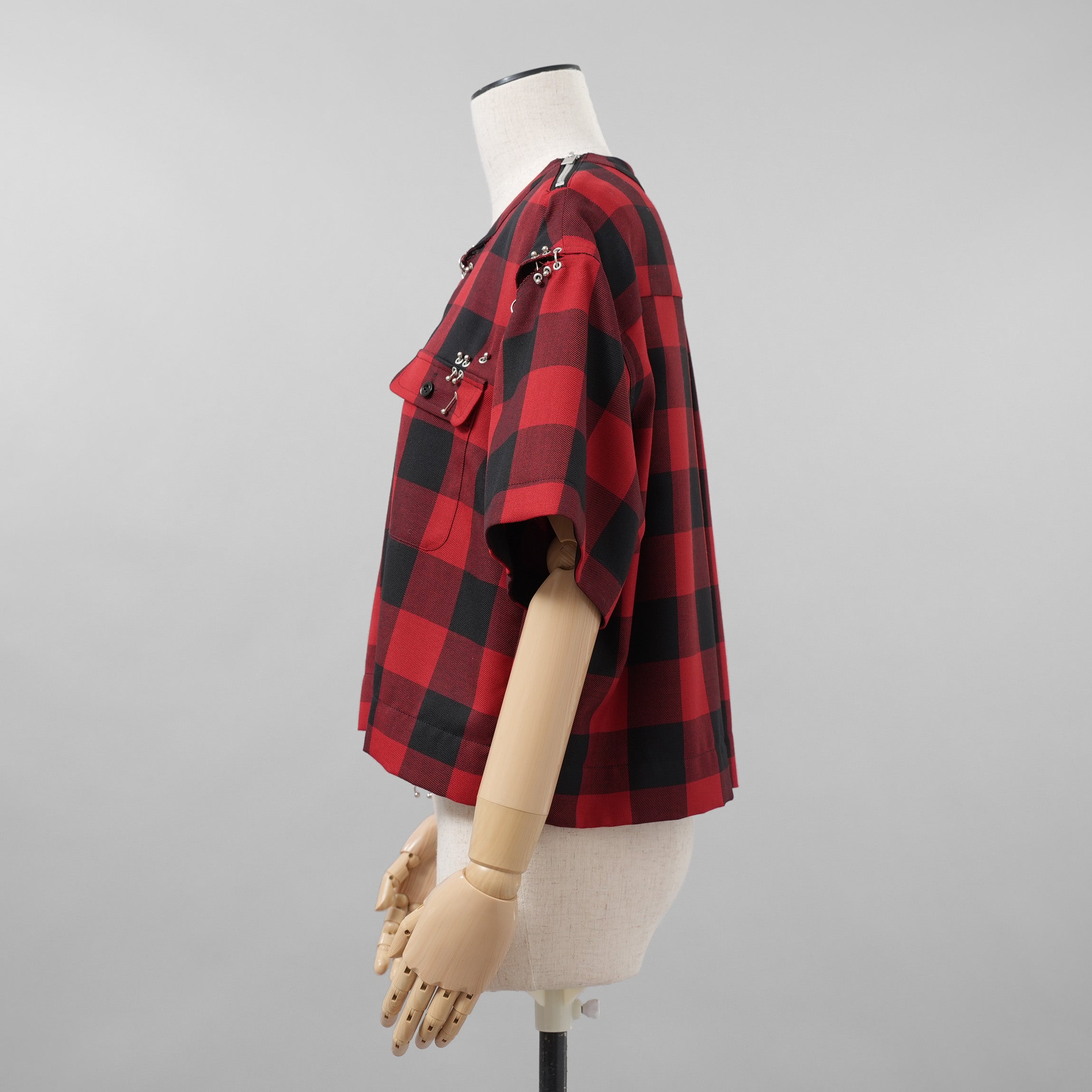 sacai サカイ / 美品 22SS Buffalo Check Pullover 半袖シャツ / 22-05943 / size 3 (RED×BLACK) レディース
