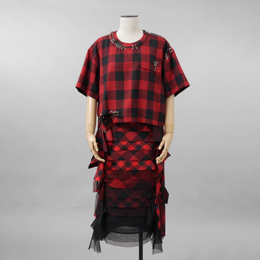 sacai サカイ / 美品 22年SS Buffalo Check Skirt チュールフリル スカート / 22-05939 / size 2 (RED×BLACK）レディース