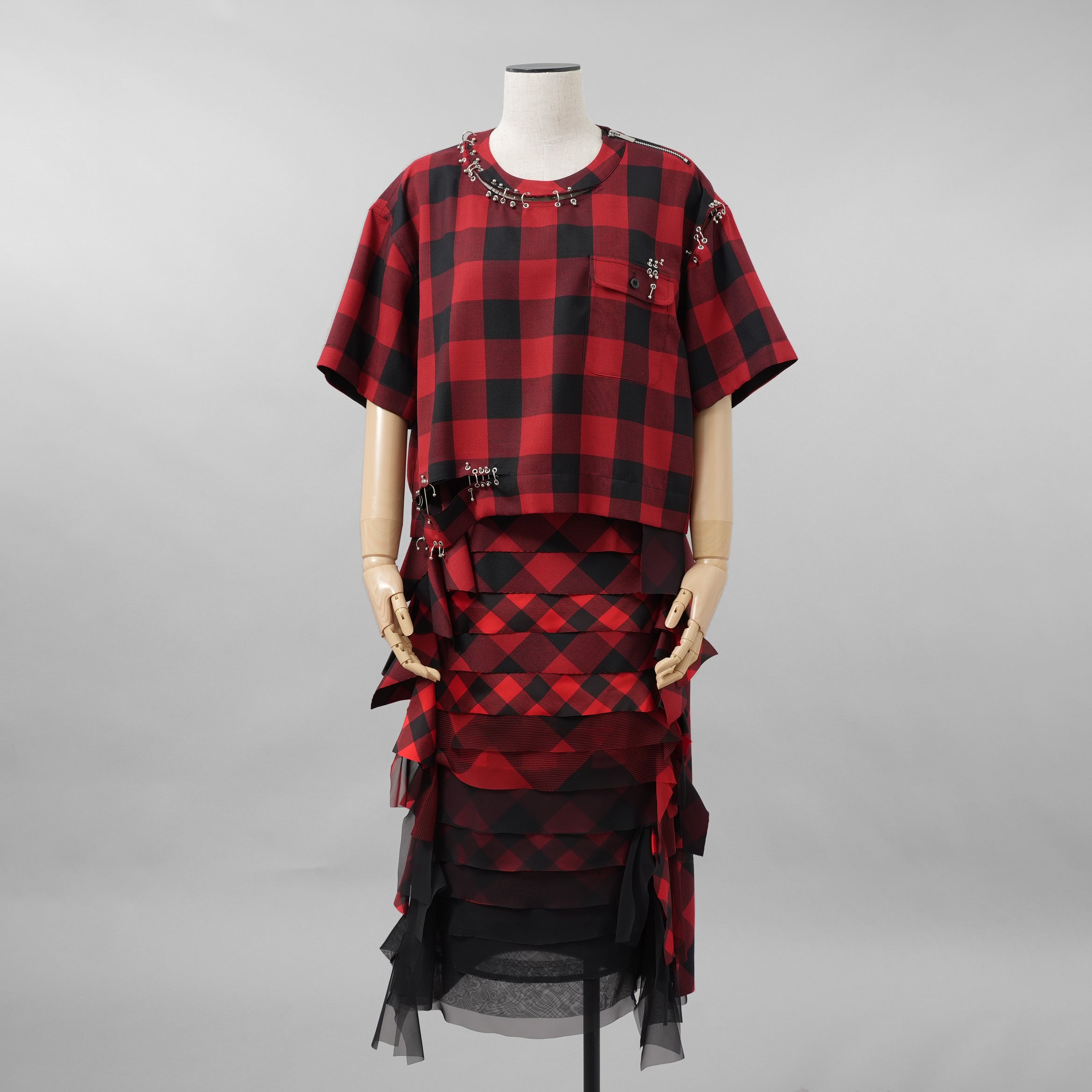 sacai サカイ / 美品 22SS Buffalo Check Pullover 半袖シャツ / 22-05943 / size 3 (RED×BLACK) レディース