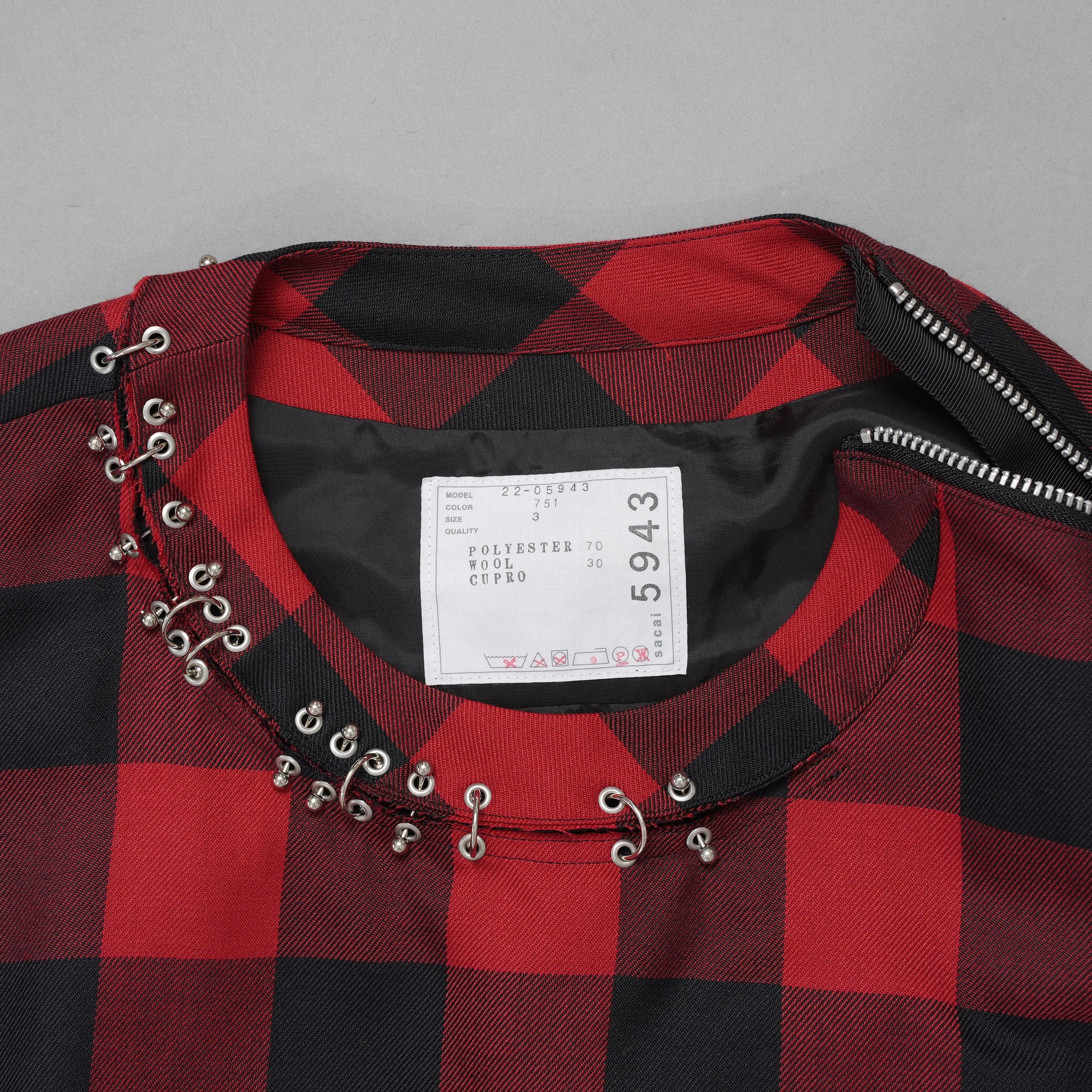 sacai サカイ / 美品 22SS Buffalo Check Pullover 半袖シャツ / 22-05943 / size 3 (RED×BLACK) レディース