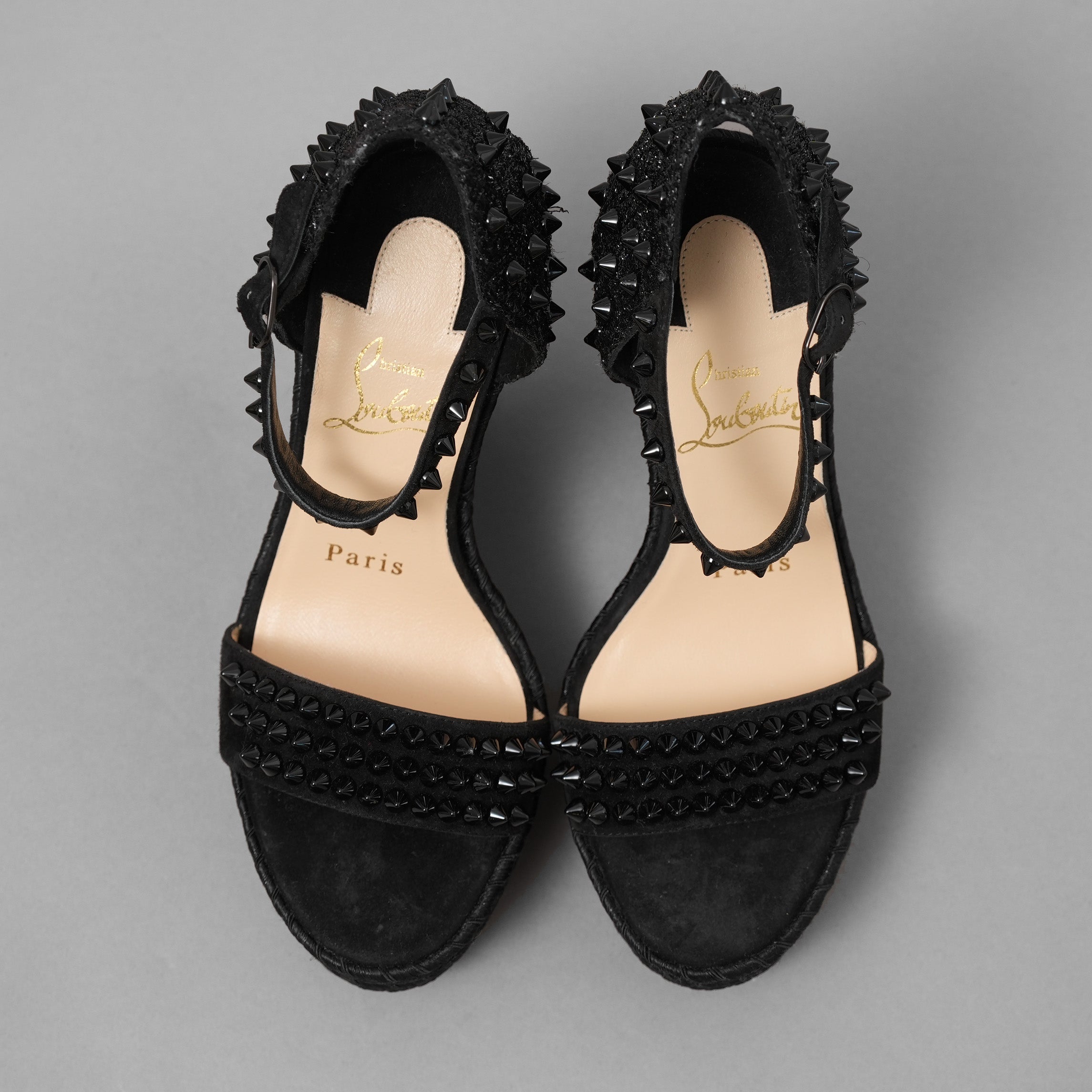 Christian Louboutin クリスチャン ルブタン / 美品 MADMONICA (マドモニカ) エスパドリーユ スパイクスタッズ ウェッジソール サンダル シューズ / size 35 (22cm)  BLACK レディース