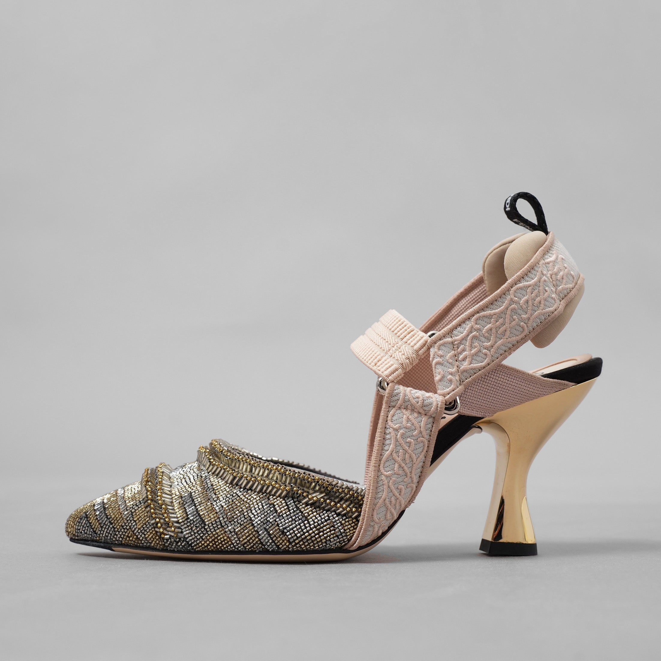 FENDI フェンディ / 美品 Colibrì コリブリ "Made to Order "スリングバック パンプス 85mm / size 35.5 (22.5cm) BEIGE × SILVER × GOLD レディース シューズ