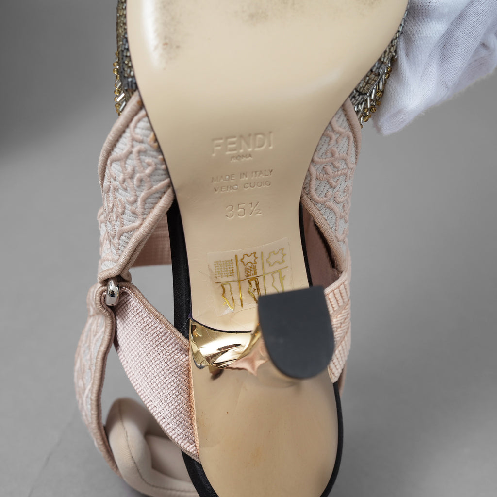 FENDI フェンディ / 美品 Colibrì コリブリ "Made to Order "スリングバック パンプス 85mm / size 35.5 (22.5cm) BEIGE × SILVER × GOLD レディース シューズ