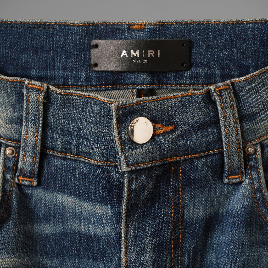 AMIRI アミリ/ 美品 MX1 蛇腹 エムエックスワン クラシック レザーパッチ ジーンズ クラッシュ加工 スキニーデニム パンツ / size 28 (INDIGO) 352189-in-ue