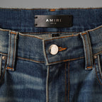AMIRI アミリ/ 美品 MX1 蛇腹 エムエックスワン クラシック レザーパッチ ジーンズ クラッシュ加工 スキニーデニム パンツ / size 28 (INDIGO) 352189-in-ue