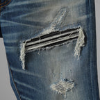 AMIRI アミリ/ 美品 MX1 蛇腹 エムエックスワン クラシック レザーパッチ ジーンズ クラッシュ加工 スキニーデニム パンツ / size 28 (INDIGO) 352189-in-ue
