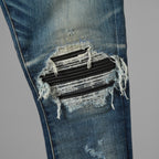 AMIRI アミリ/ 美品 MX1 蛇腹 エムエックスワン クラシック レザーパッチ ジーンズ クラッシュ加工 スキニーデニム パンツ / size 28 (INDIGO) 352189-in-ue