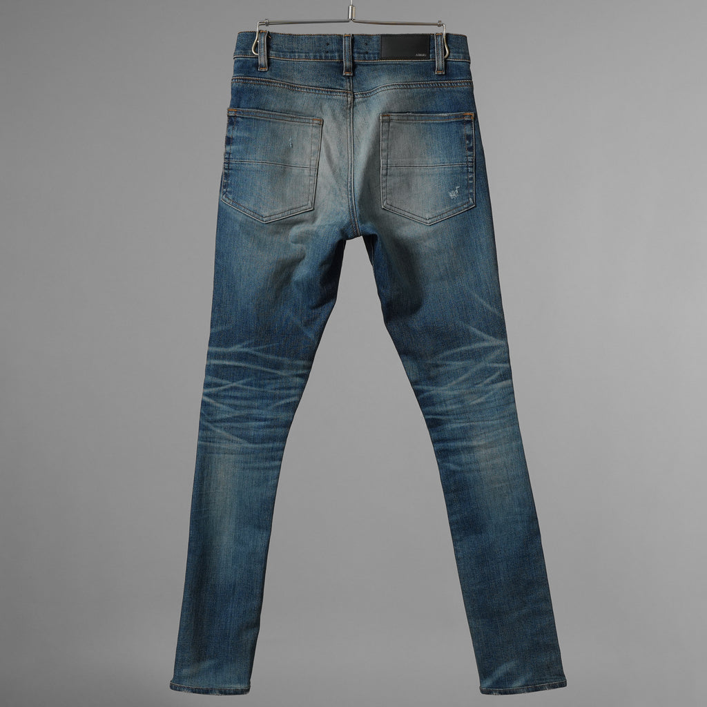 AMIRI アミリ/ 美品 MX1 蛇腹 エムエックスワン クラシック レザーパッチ ジーンズ クラッシュ加工 スキニーデニム パンツ / size 28 (INDIGO) 352189-in-ue