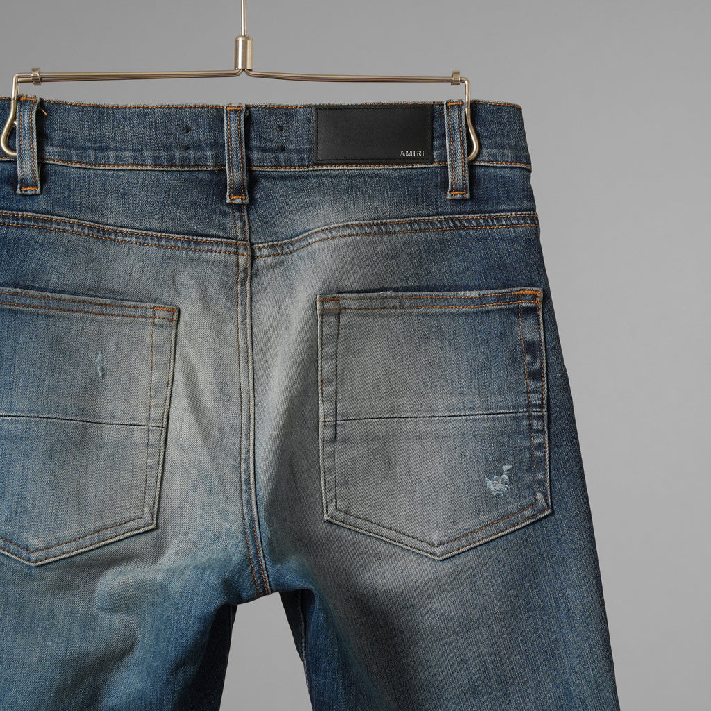 AMIRI アミリ/ 美品 MX1 蛇腹 エムエックスワン クラシック レザーパッチ ジーンズ クラッシュ加工 スキニーデニム パンツ / size 28 (INDIGO) 352189-in-ue