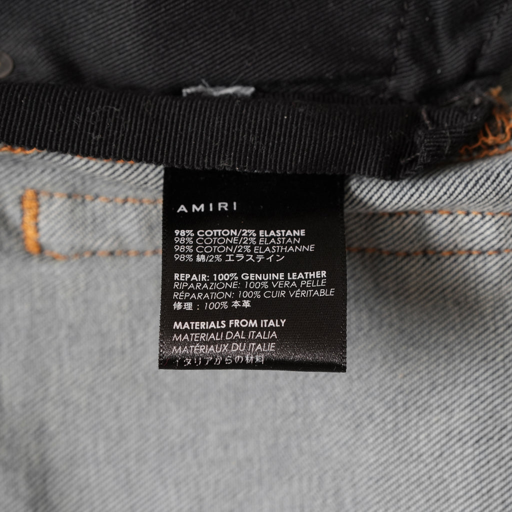 AMIRI アミリ/ 美品 MX1 蛇腹 エムエックスワン クラシック レザーパッチ ジーンズ クラッシュ加工 スキニーデニム パンツ / size 28 (INDIGO) 352189-in-ue